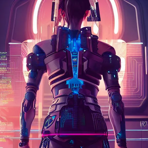 Prompt: a stunning portrait of samurai netrunner woman cyborg by Evelyn De Morgan and Ross Tran, cyberpunk 2077 rossdraws, fresco, hard surface, concept art