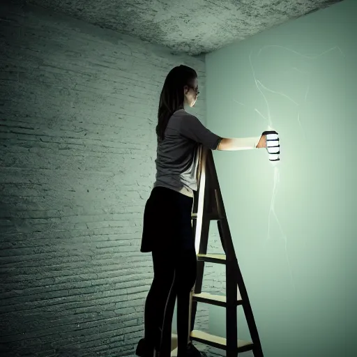 Prompt: a glowing cyborg girl, standing on a ladder, replacing a defective lightbulb. dark room.