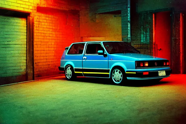 Prompt: stylized poser of a single 1985 Volkwagen GTI, thick neon lights, ektachrome photograph, volumetric lighting, f8 aperture, cinematic Eastman 5384 film