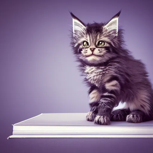 Image similar to eye - level view, a super cute maine coon kitten ate my homework and got smart, hilarious, funny, back to school comedy, cg animation, 3 d octane render, hdr