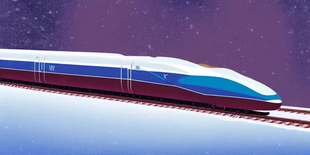 Prompt: A supersonic maglev train in North Pole riding though snow, cold, snowy, art by James Gilleard, James Gilleard artwork, gorgeous lighting, eurostar, maroon and blue accents, 8k, high detail