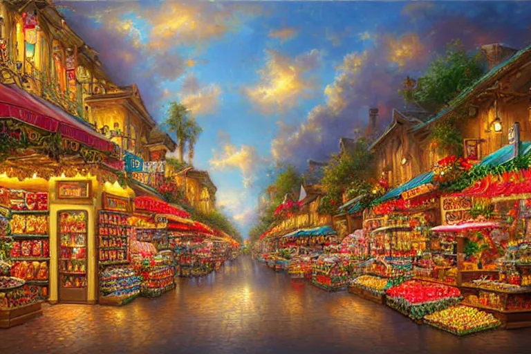 Image similar to a shopping street made completely from different kinds of candy, created by Mark Keathley