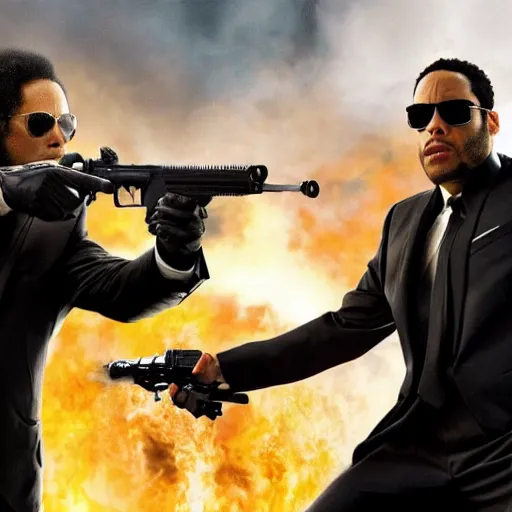 Image similar to men in black agent as lenny kravitz fighting aliens, dynamic movie still, detailed 8 k photorealistic portrait, imdb poster style