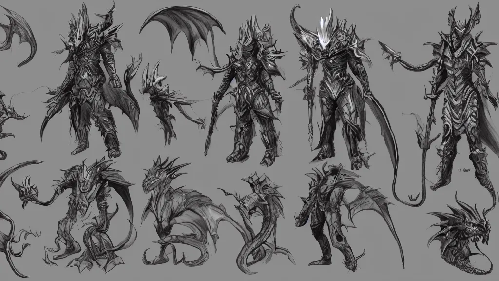 Image similar to a fantasy draconian character design sheet, trending on artstation