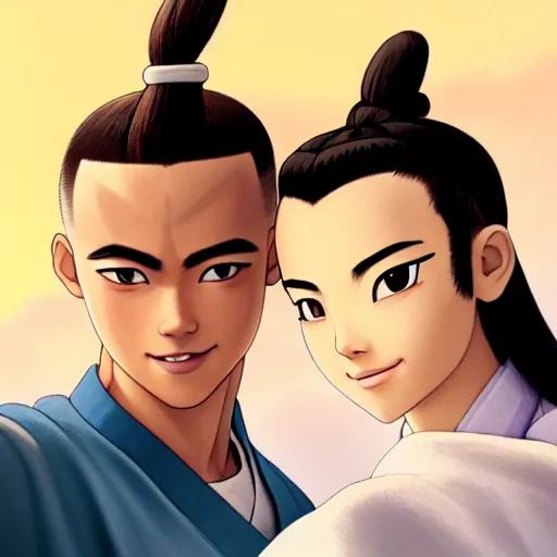 Image similar to beautiful serene intricate portrait of sokka and yue taking a selfie, smiling softly, relaxing on the beach, golden hour, soft focus, 8 k, art by irakli nadar, hyperrealism, hyperdetailed, ultra realistic