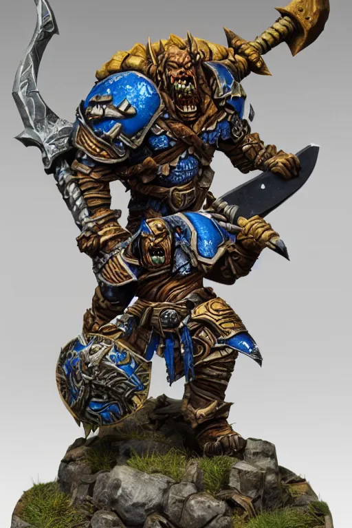 Image similar to a huge orc swinging a battle axe, in the style of world of warcraft. detailed painted Games Workshop miniature, studio lighting