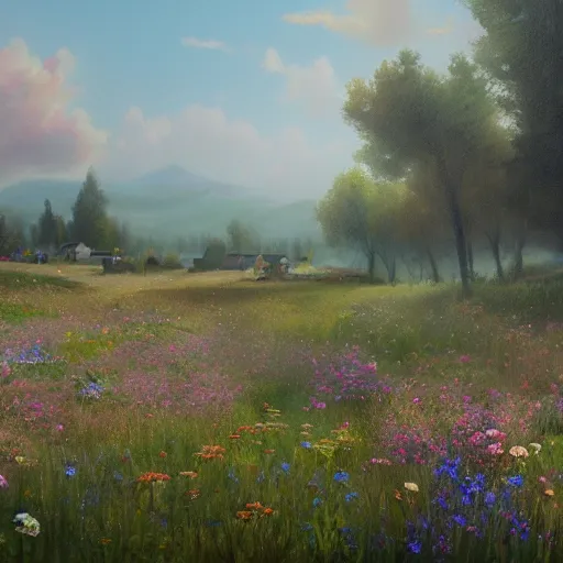 Image similar to a matte painting of a european prairie, cottage town, patchy flowers, oil painting, pale colors, high detail, 8 k, wide angle, trending on artstation,