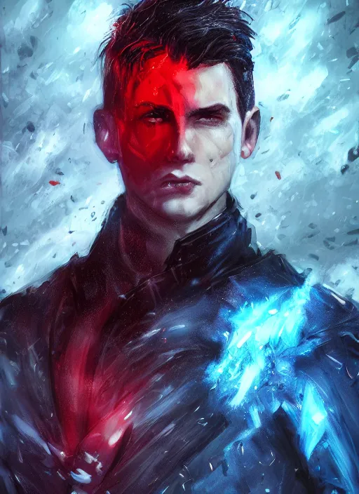 Image similar to An epic fantasy comic book style portrait painting of a young man with black cowlick haircut, wearing black overcoat, red clothes, blue jeans. Unreal 5, DAZ, hyperrealistic, octane render, cosplay, RPG portrait, dynamic lighting