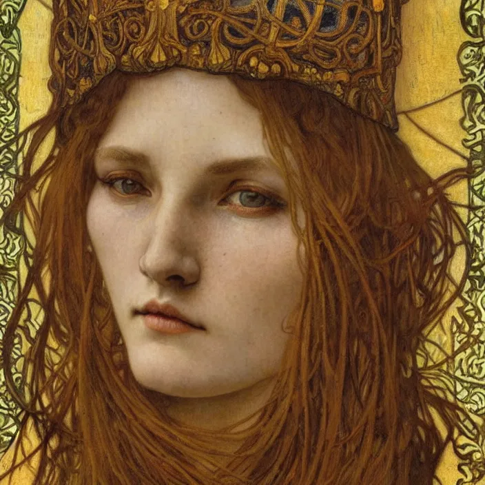 Image similar to detailed realistic beautiful young medieval queen face portrait by jean delville, alphonse mucha, vincent van gogh, and marco mazzoni, art nouveau, symbolist, visionary, gothic, pre - raphaelite