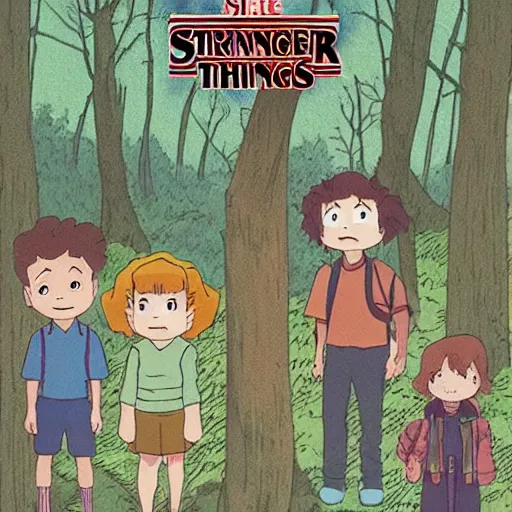 Prompt: the kids from Stranger Things walking in the woods, studio Ghibli style