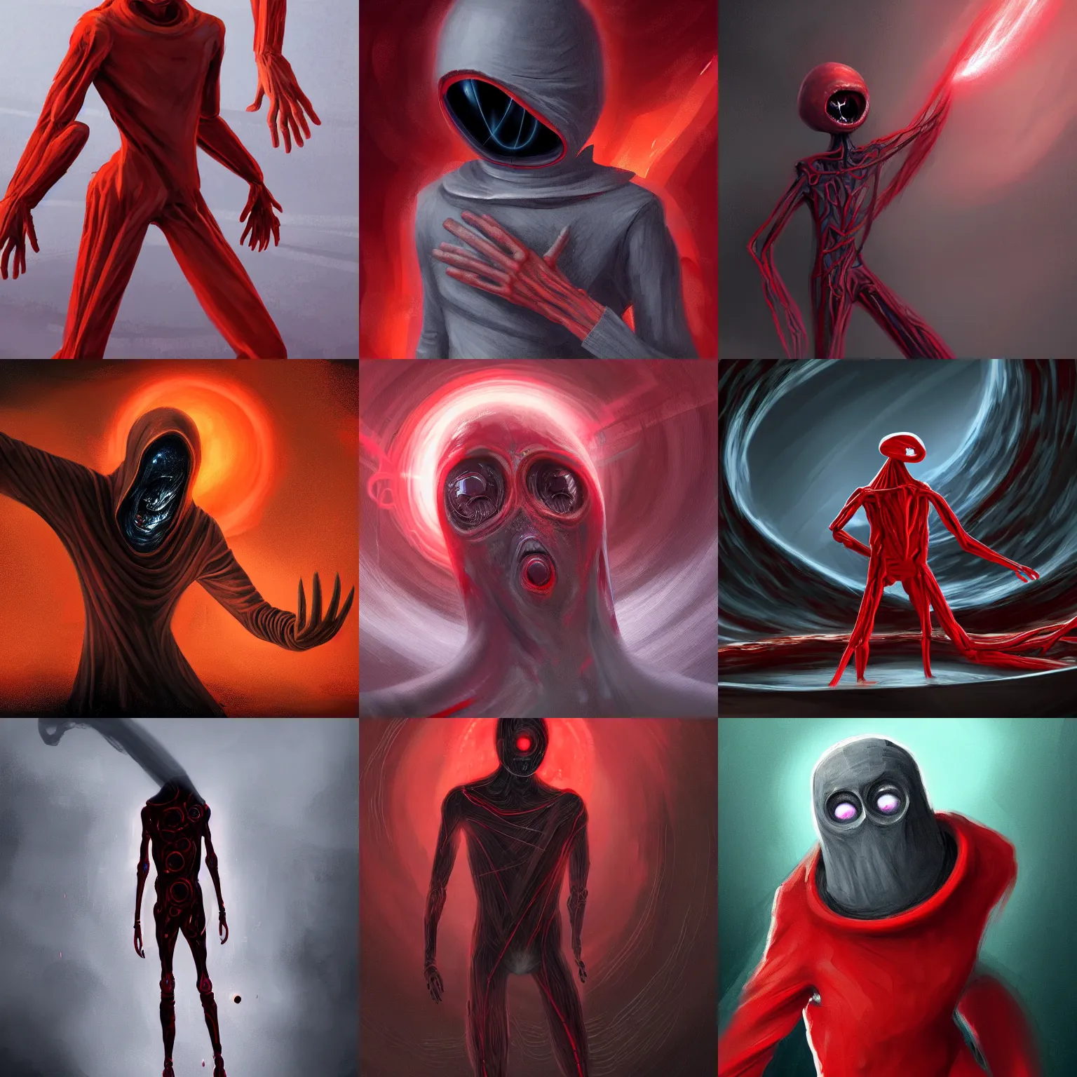 Prompt: a male humanoid figure with no face and long spindly fingers wearing a red mechanics jumpsuit, coming out of a black hole, intricate, horror, highly detailed, digital painting, artstation, concept art, smooth, sharp focus, illustration, 8 k