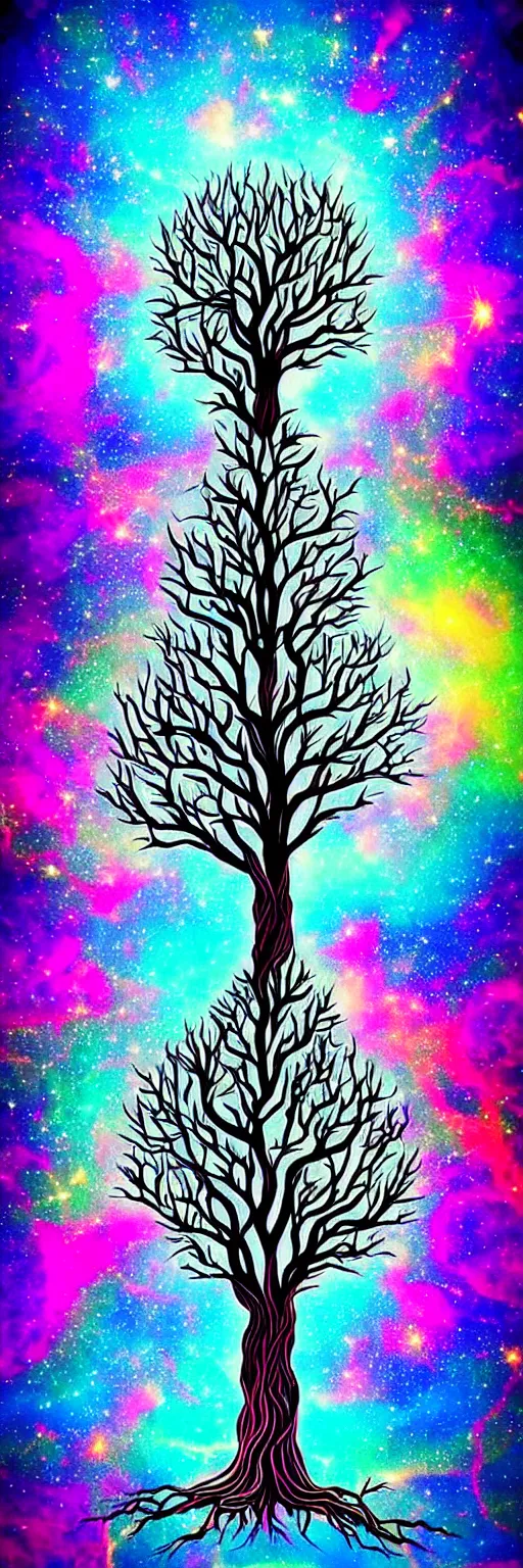 Prompt: dream that our soul is just one root off a greater tree that climbs high up through the many dimensions and realities until it eventually reaches nirvana, by akaartgenerator, vibrant colors, cosmic ascendance, universal conciousness