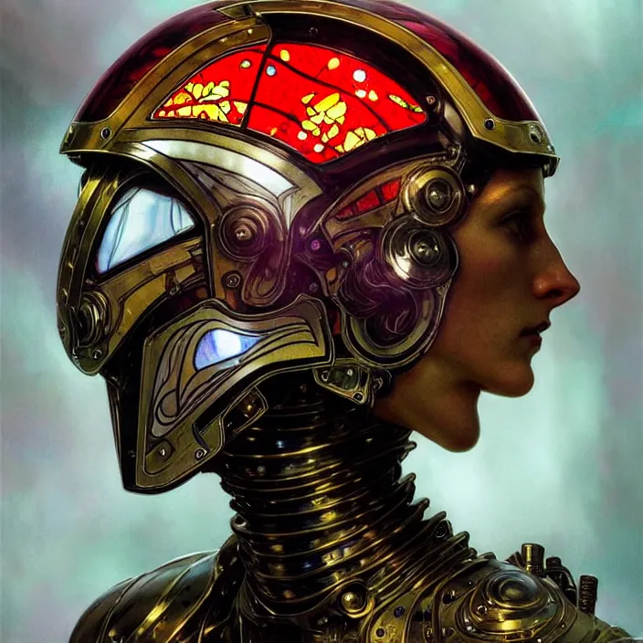 Prompt: stain - glass cyborg, helmet made of glass, glass armor, diffuse lighting, fantasy, intricate, elegant, highly detailed, lifelike, photorealistic, digital painting, artstation, illustration, concept art, smooth, sharp focus, art by john collier and albert aublet and krenz cushart and artem demura and alphonse mucha