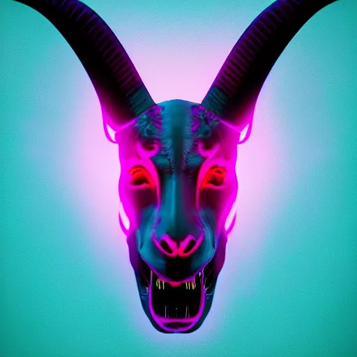 Image similar to synthwave demonic goat face with neon horns, detailed face, sharp focus, synthwave art, aesthetic, octane render, raw, cinematic, chromatic material