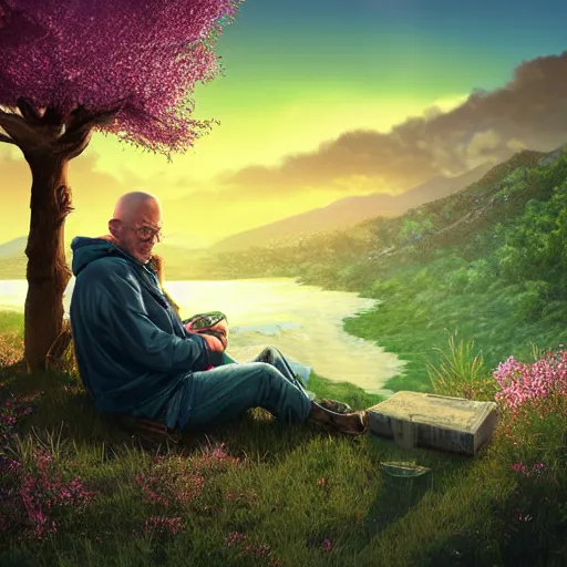 Image similar to featured on artstation photorealistic walter white sitting under a cherry tree overlooking valley waterfall sunset beautiful image stylized digital art