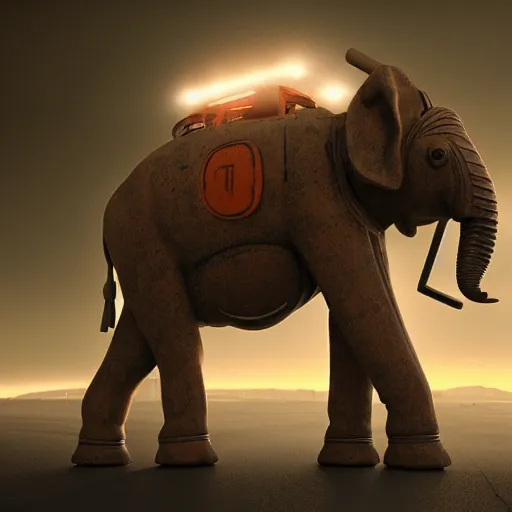 Image similar to apocalyptic, an robotic elephant walking on the future street. smoke. volumetric lighting, sharp focus, ultra detailed, cgsociety - w 1 0 2 4 - n 8 - i