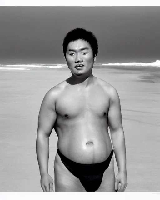 Image similar to photo of a heavily pregnant cute young asian male protagonist, big belly, exposed belly, muscular, on the beach, photo by annie leibovitz