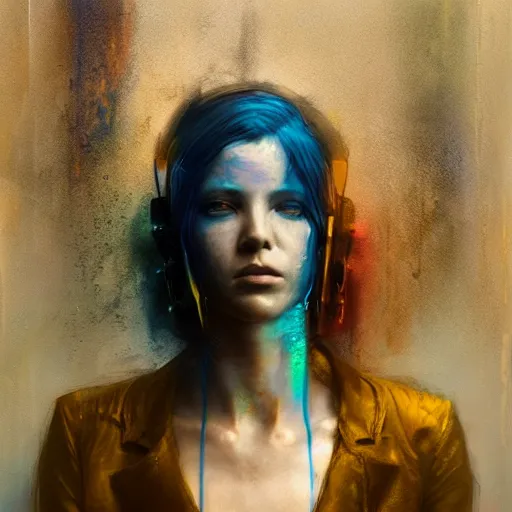 Image similar to female cyberpunk portrait by cy Twombly and BASTIEN LECOUFFE DEHARME, iridescent, volumetric lighting, blue and mustard