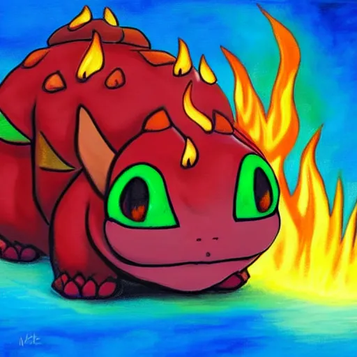 Image similar to a red coloured bulbasaur with fire powers, painting, realistic