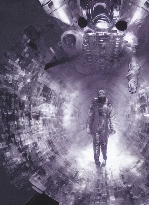 Image similar to astronauts in the dark infinite underwater void - complex and hyperdetailed technical suit, fabric material. reflection and dispersion materials. rays and dispersion of light. volumetric light. wide angle, f / 3 2. noise film photo. flash photography. ultra realistic, wide angle. poster by wayne barlowe, hajime sorayama aaron horkey, craig mullins