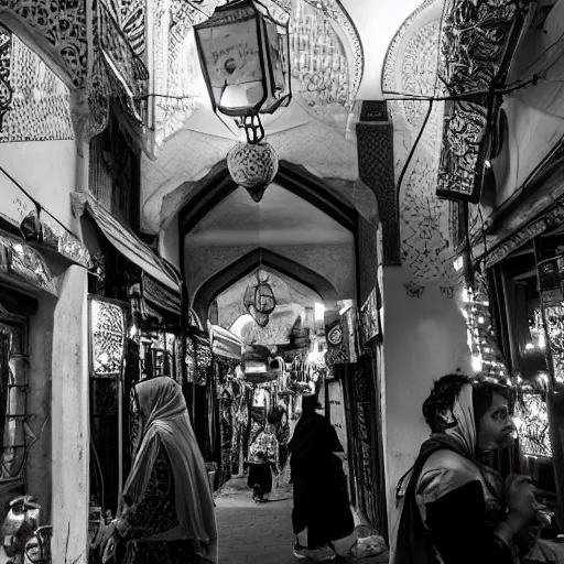 Image similar to arabic lantern bazaar, award winning black and white photography