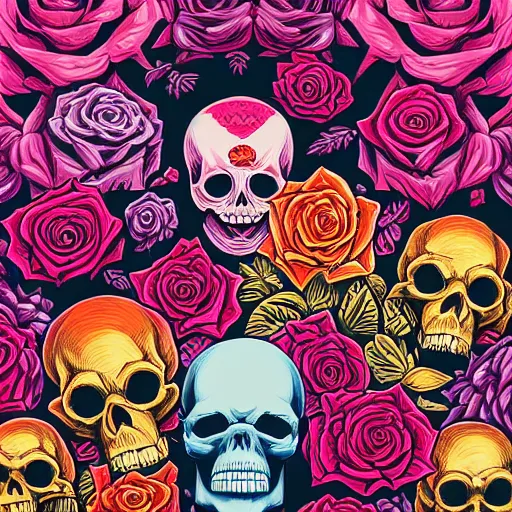 Image similar to ortographic view of large skulls and vivid roses by Jen Bartel and Dan Mumford and Satoshi Kon, gouache illustration