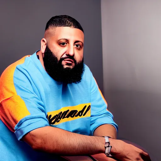 Prompt: ultra detailed portrait photo of dj khaled in a studio, blue, under red and yellow cinematic lighting