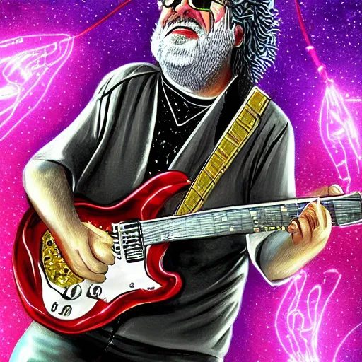 Image similar to a Jerry Garcia guitarist playing so intensely there is electricity shooting out from his guitar, energy beams under his finger tips, and magic sparkles from the freboard, amazing ditial art, trending on artstation, featured on deviantart