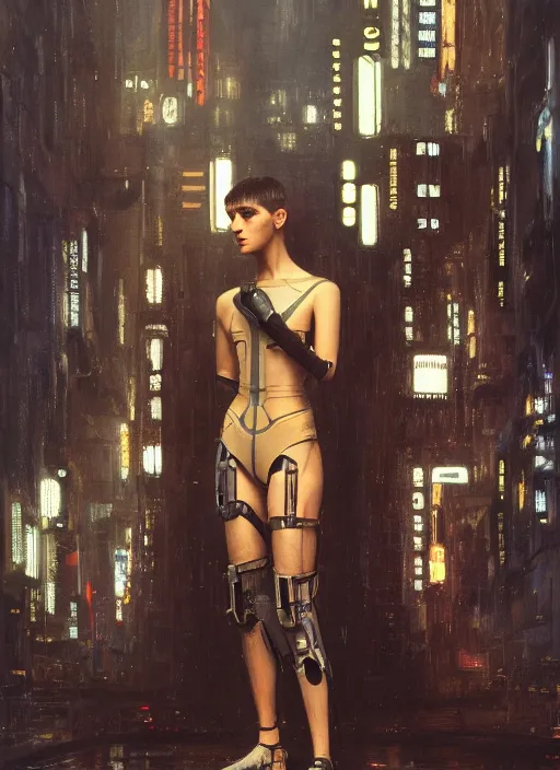 Image similar to blade runner with four robotic legs ( blade runner 2 0 4 9, dystopian, cyberpunk 2 0 7 7 character design ). orientalist portrait by john william waterhouse and james gurney and theodore ralli and nasreddine dinet, oil on canvas. cinematic, hyper realism, realistic proportions, dramatic lighting, high detail 4 k