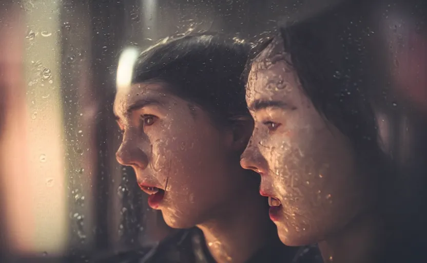 Image similar to cinestill 5 0 d candid photographic portrait by stanley kubrick of two loving female androids sobbing wearing rugged black mesh techwear in treacherous city waters, medium closeup, retrofuturism cyberpunk moody emotional cinematic, pouring iridescent rain bright spotlight, 8 k, hd, high resolution, 3 5 mm, f / 3 2, ultra realistic faces, ex machina