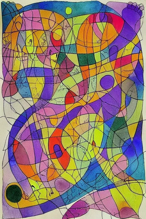 Image similar to a beautiful abstract yet intricate map drawn in pen by Sunil Das, overlayed by abstract watercolor painting by Paul Klee, Georgia O'Keefe, Joan Miro. Trending on Artstation.