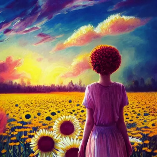 Image similar to head and face made of giant daisies, girl standing barefoot in a flower field, holding flowers, surreal photography, sunrise dramatic light, impressionist painting, colorful clouds, large sky, digital painting, artstation, simon stalenhag, flower face