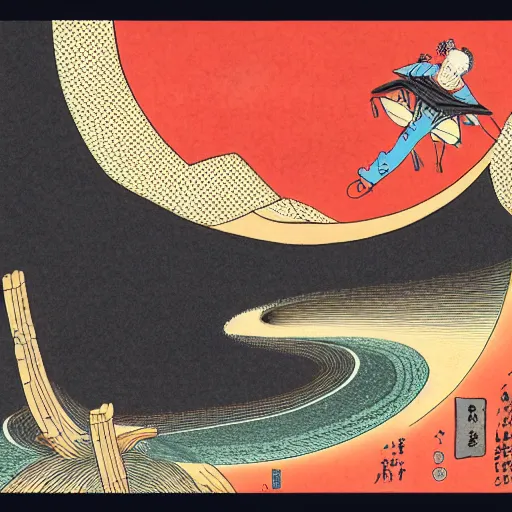 Image similar to a man falling into a black hole ukiyo - e, radiant light, detailed and intricate environment, 4 k, trending on art station, beautiful