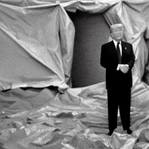 Image similar to photographic evidence of donald trump standing in front of a nuclear bomb hidden under a tarp, 1 0 8 0 p cnn footage