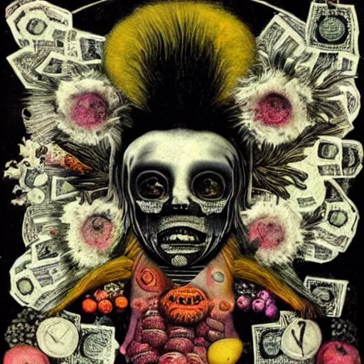 Image similar to post - punk new age album cover, asymmetrical design, dollar sign, money, magic, apocalypse, psychedelic, black white pink, magic, giger h. r., giuseppe arcimboldo