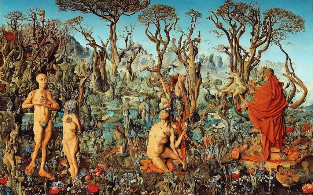 Prompt: a portrait photograph of a meditating centaur shaman and a flayed venus feeding reptiles at a wide river delta. surrounded by bulbous flowers, animals and a few trees. mountain range under a vast blue sky of burning stars. painted by jan van eyck, max ernst, ernst haeckel, ernst fuchs and artgerm, trending on cgsociety