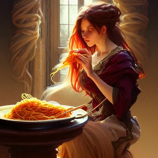Prompt: Messi eating spaghetti, D&D, fantasy, intricate, elegant, highly detailed, digital painting, artstation, concept art, matte, sharp focus, illustration, art by Artgerm and Greg Rutkowski and Alphonse Mucha