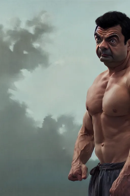 Prompt: upper body portrait of a hulking bulky swole muscular herculean chiseled mr bean rowan atkinson, cinematic lighting, photorealistic, octane render, 8 k, depth of field, 3 d, art by artgerm and greg rutkowski and alphonse mucha and uang guangjian and gil elvgren and sachin ten