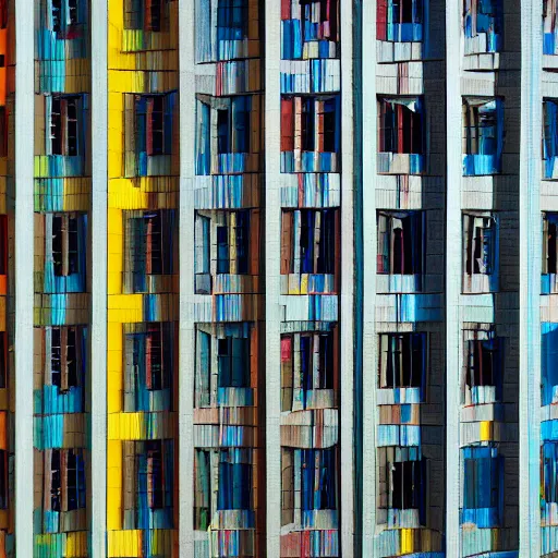 Image similar to a brutalist building made of colourful fabric sheets