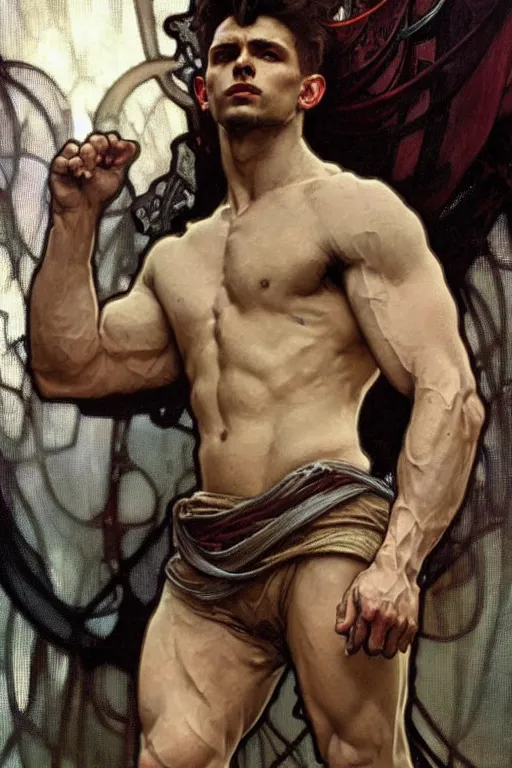 Image similar to A man wearing silver clothes, muscular, fantasy, painting by greg rutkowski and alphonse mucha