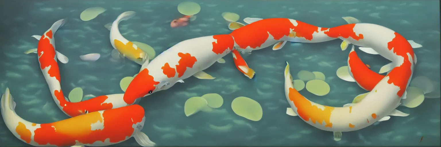 Prompt: koi pond oil painting magritte