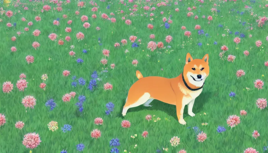 Image similar to a shiba inu standing on a field of flowers, studio ghibli, digital art, illustration, detailed, front page of artstation, sharp focus