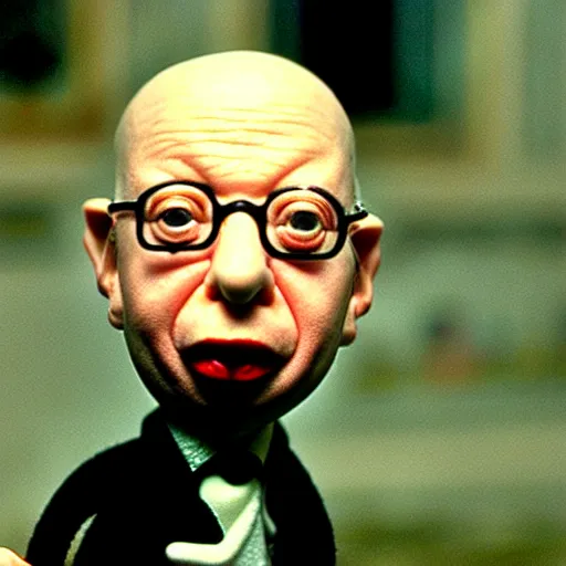 Image similar to claymation klaus schwab by jan svankmajer, hyperrealistic, very detailed, tim burton, 3 5 mm film still, gothic, horror, eldritch