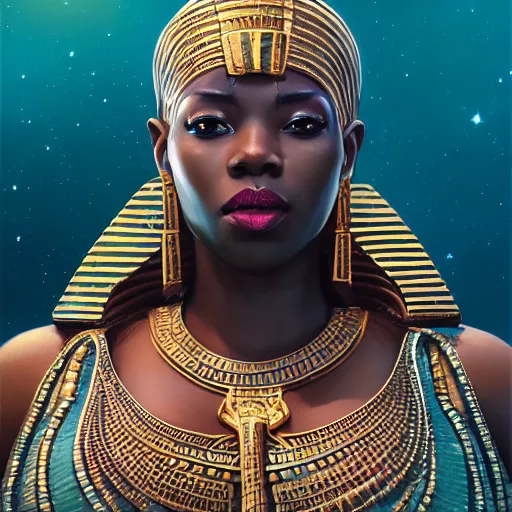 Image similar to highly detailed portrait of an african bbw egyptian goddess, intricate alien technology, stephen bliss, unreal engine, fantasy art by greg rutkowski, loish, rhads, ferdinand knab, makoto shinkai and lois van baarle, ilya kuvshinov, rossdraws, tom bagshaw, global illumination, radiant light, detailed and intricate environment