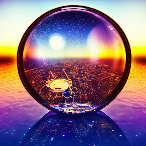 Prompt: cyberpunk city, lake, spacecrafts, futuristic, giant glass dome in space, golden hour, light diffusion, galaxy, stars, hyperrealistic, award winning, highly detailed, photography, blue, glass, extremely wide angle