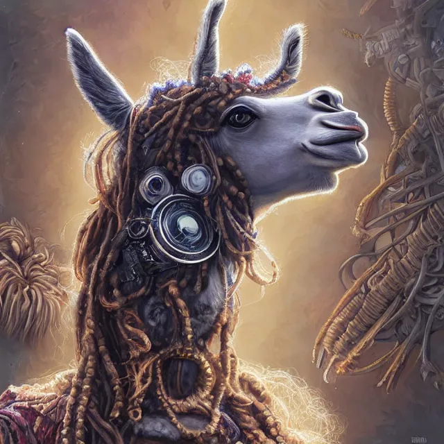 Image similar to llama with dreadlocks, industrial scifi, by mandy jurgens, ernst haeckel, artgerm, james jean
