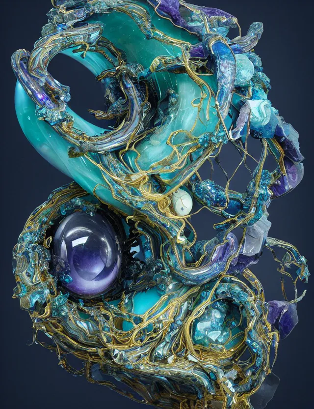 Image similar to a photo of a sculpture a winged serpent child made from blue and emerald and amethyst crystal geode formations encircling a marble egg on a base of obsidian made with liquid gold tendrils flowing by ellen jewett by stanisław szukalski, octane render, recursive, tendrils, elestial crystals, geode, refracted light