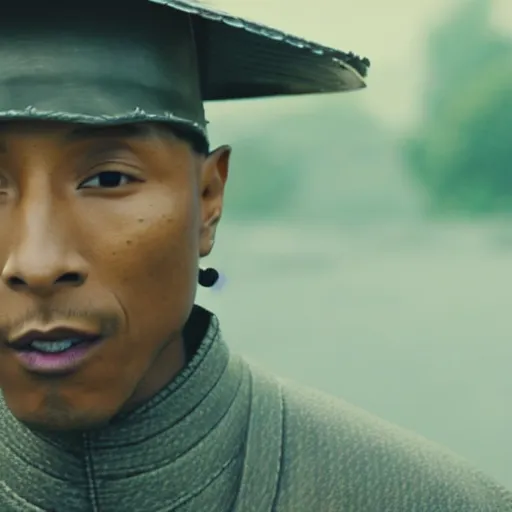 Image similar to cinematic film still Pharrell Williams starring as a Samurai holding fire, Japanese CGI, VFX, 2003, 40mm lens, shallow depth of field,film photography