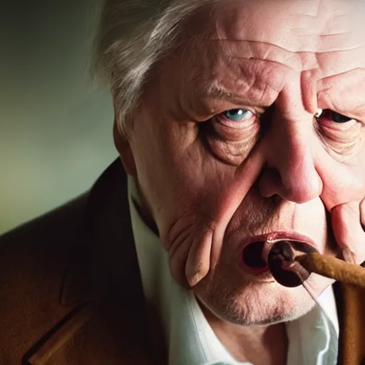 Image similar to angry david attenborough with shotgun, extreme detail, studio light, photorealistic, gritty, movie still, cinematic, bruised face, soft focus, well edited, 8 k, atmospheric, cigar,