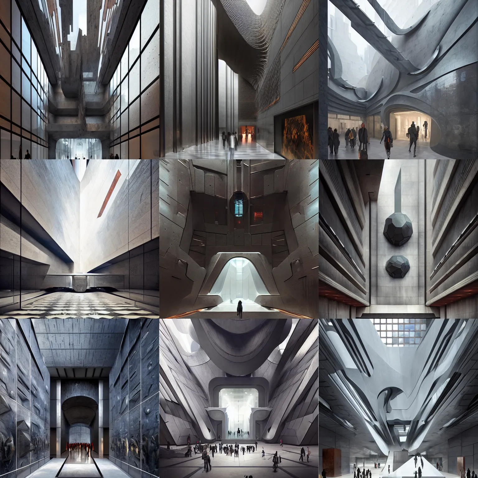 Prompt: majestic entrance to futuristic moma museum nyc, abstract shapes, concrete steel glass, copper details, high contrast, muted colors, concept art, greg rutkowski and h r giger